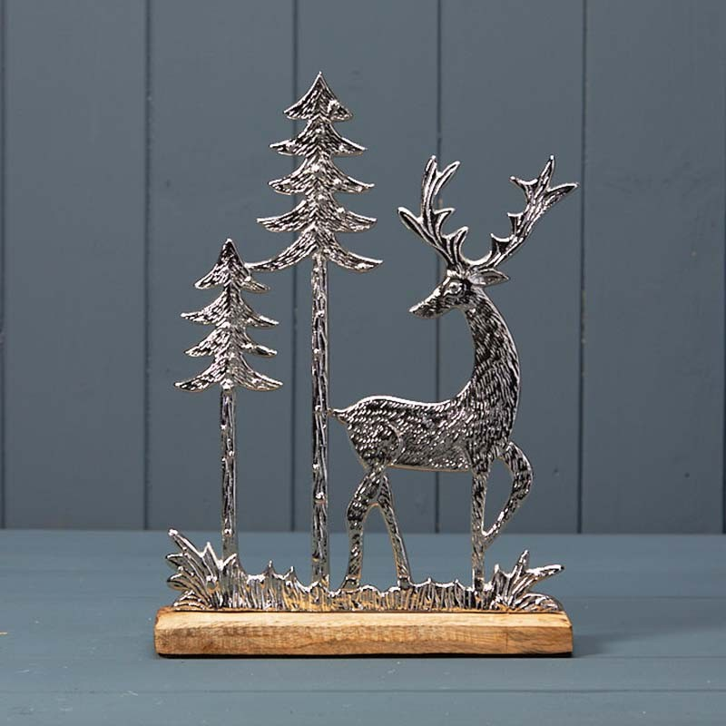 Aluminum Stag Tree Winter Scene on Wooden Base 29cm Xmas ShelfSitter Ornament