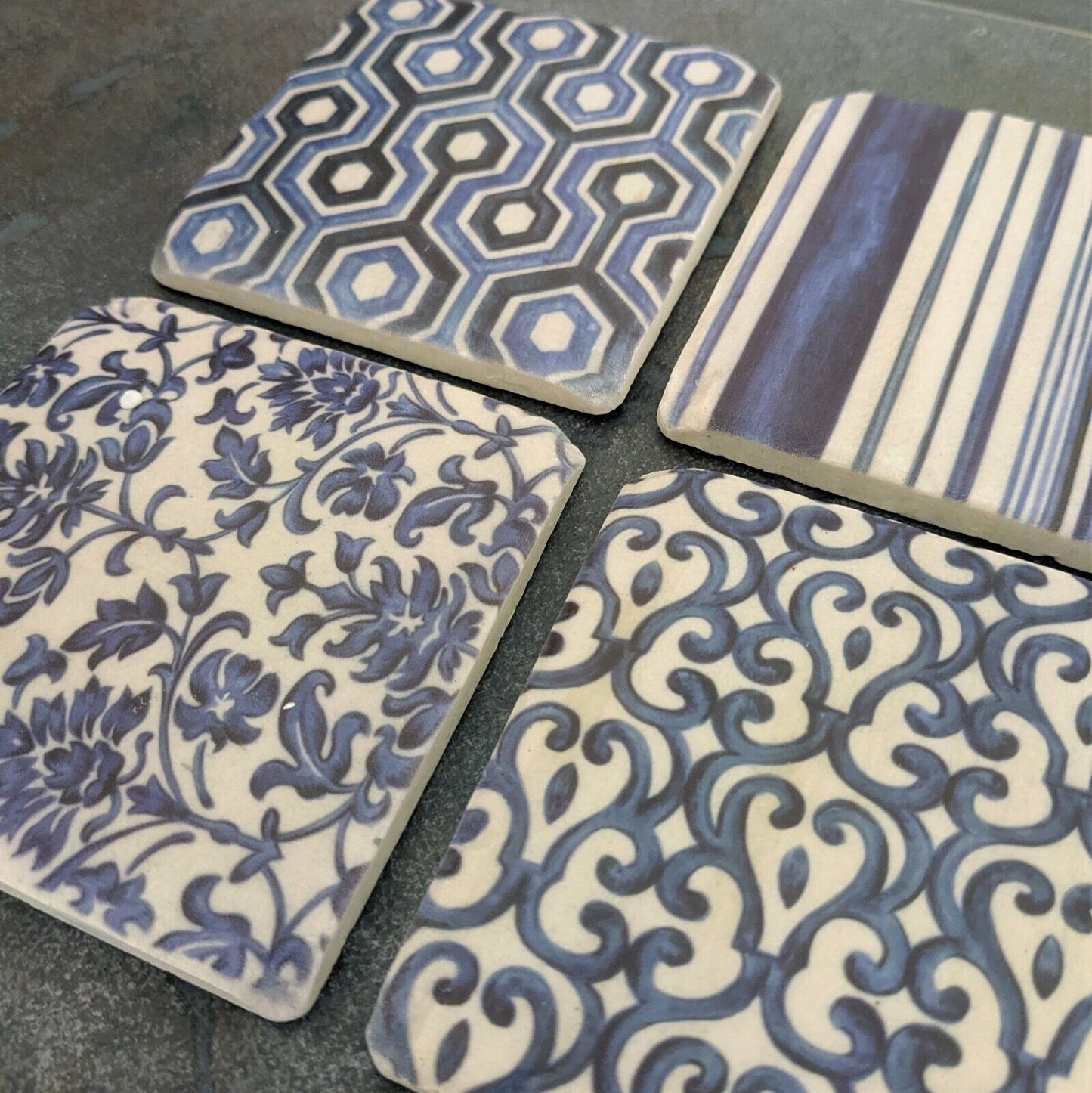 Ceramic Coasters Set of 4 Blue Geometric Willow Cork Backed Coasters Table Mats